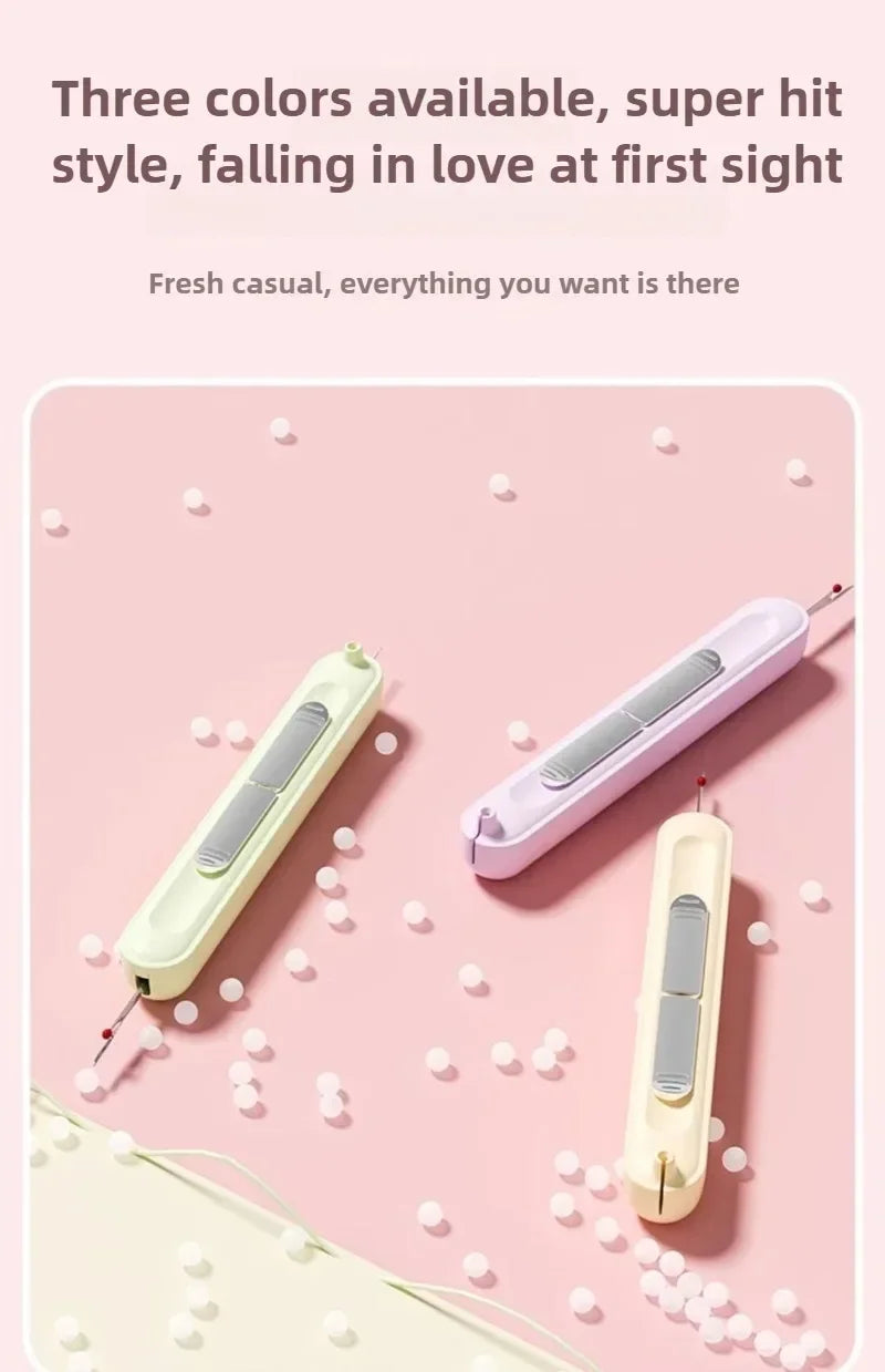 Three colors of a 2-in-1 needle threader and seam ripper set displayed on a pink background.