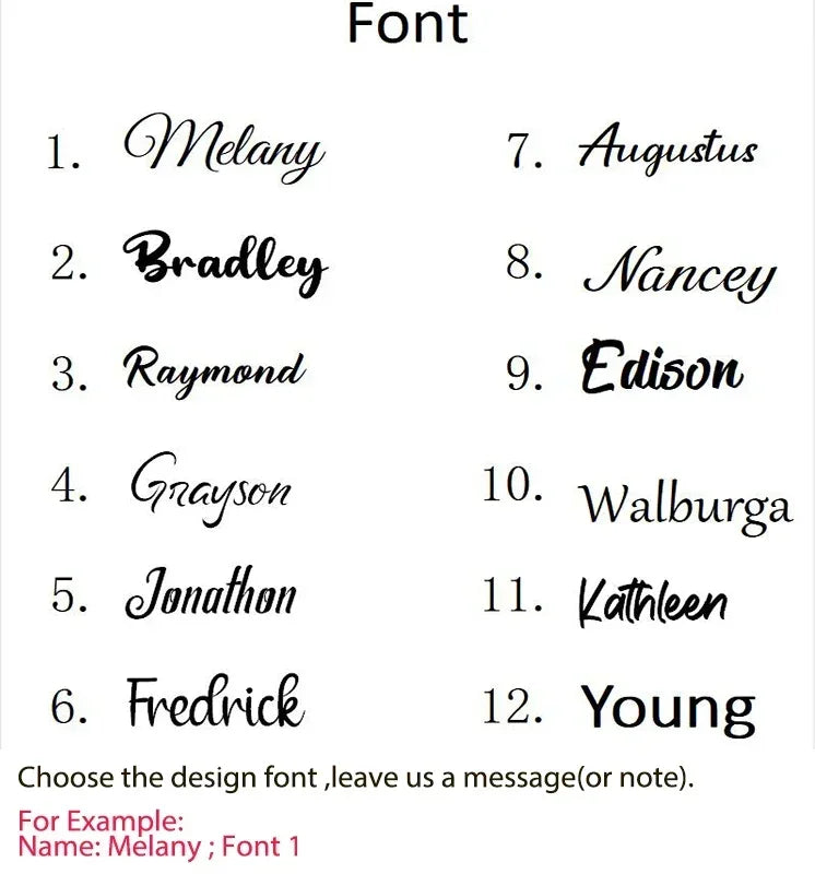 A list of 12 names is presented for font selection, including Melany, Bradley, Raymond, Grayson, and others.