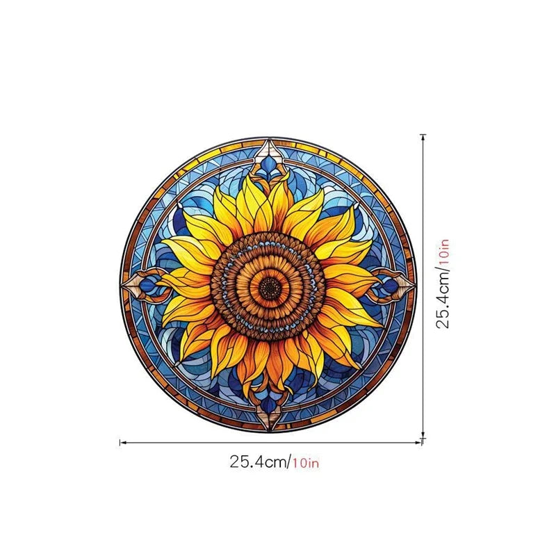 Dekaler för glasfönster med en stor solros i mitten och detaljerade blommor och kolibrier.