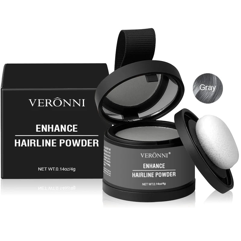 Veronni Enhance Hairline Powder in a black compact and silver eyeshadow pan.