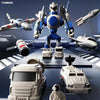 A collection of magnetic engineering car robot building blocks toys set featuring various vehicles and a large robot in a dar