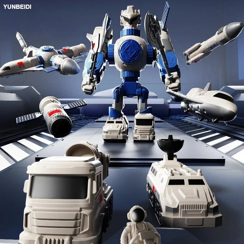 A collection of magnetic engineering car robot building blocks toys set featuring various vehicles and a large robot in a dar