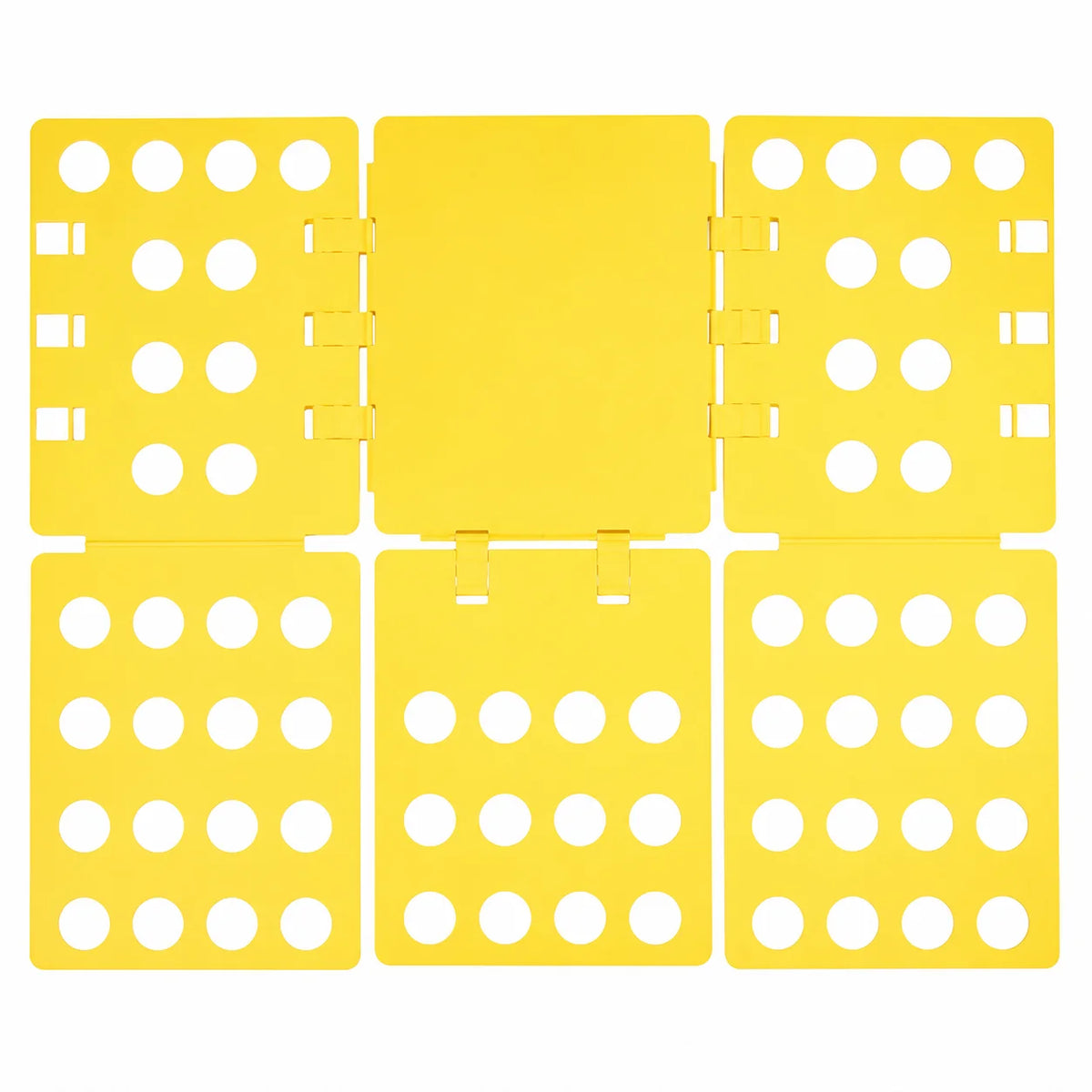 A yellow clothes folding board with multiple sections and holes for organizing laundry.
