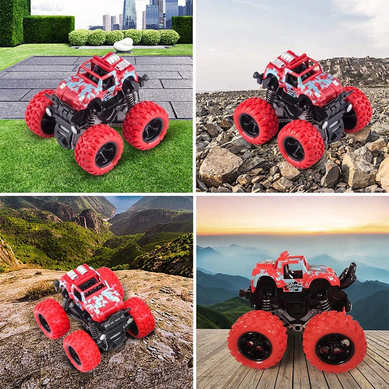 Red and black pull-back stunt SUV toy cars shown in various outdoor settings on grass, rocks, and wood.
