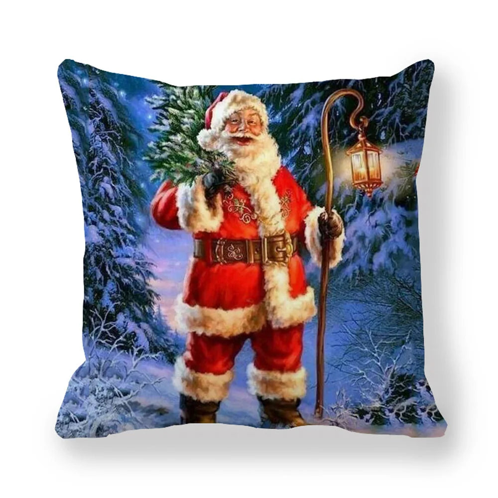 Festlig julepute med munter julenisse, skjegg og grønn krans mot snøbakgrunn.