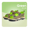 A pair of green and brown breathable summer sport sandals for boys, shown in a light green background.