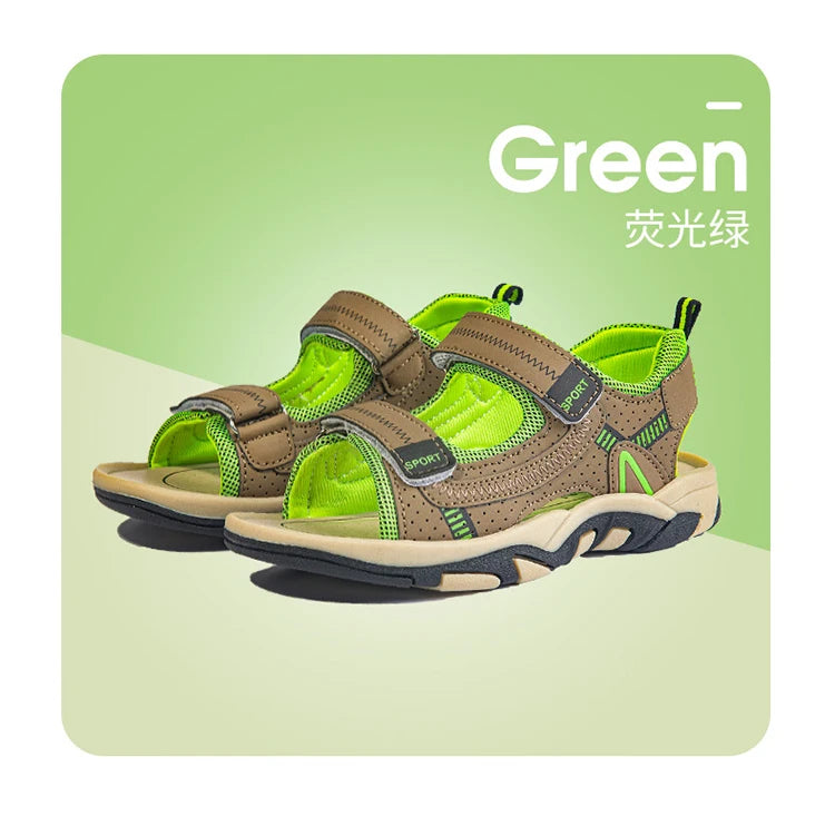 A pair of green and brown breathable summer sport sandals for boys, shown in a light green background.