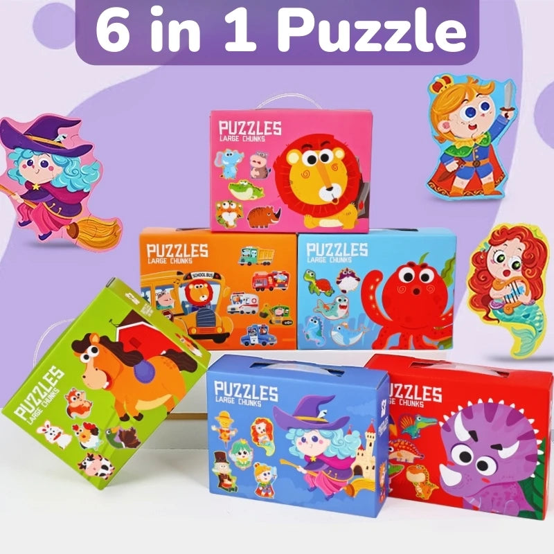 A set of six individual puzzles featuring different characters and scenes for children.