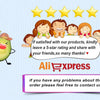 A happy family illustration with a 5-star rating prompt and an AliExpress logo.