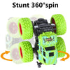 A green pull-back stunt SUV toy car with large tires is shown spinning in a 360 degree motion.