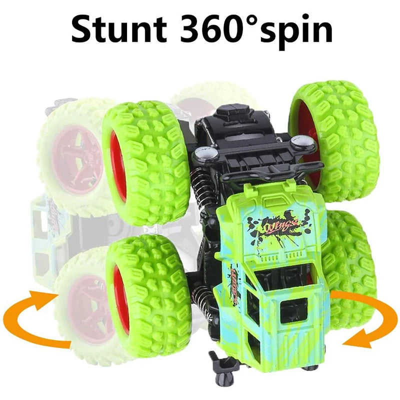 A green pull-back stunt SUV toy car with large tires is shown spinning in a 360 degree motion.