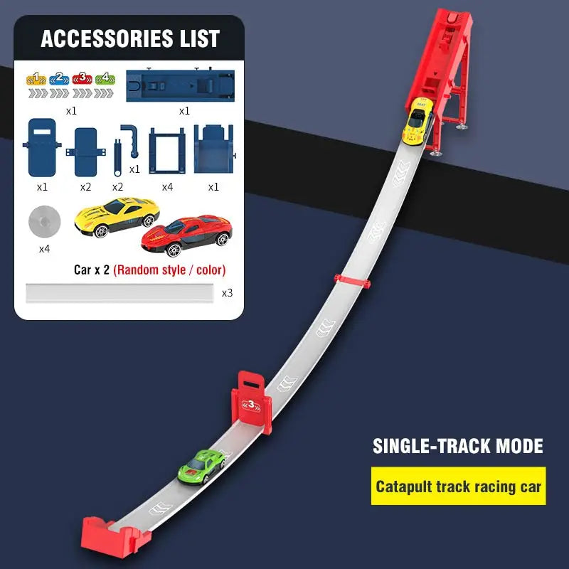 A red and black track racing car is shown on a white sliding track with a yellow launcher.
