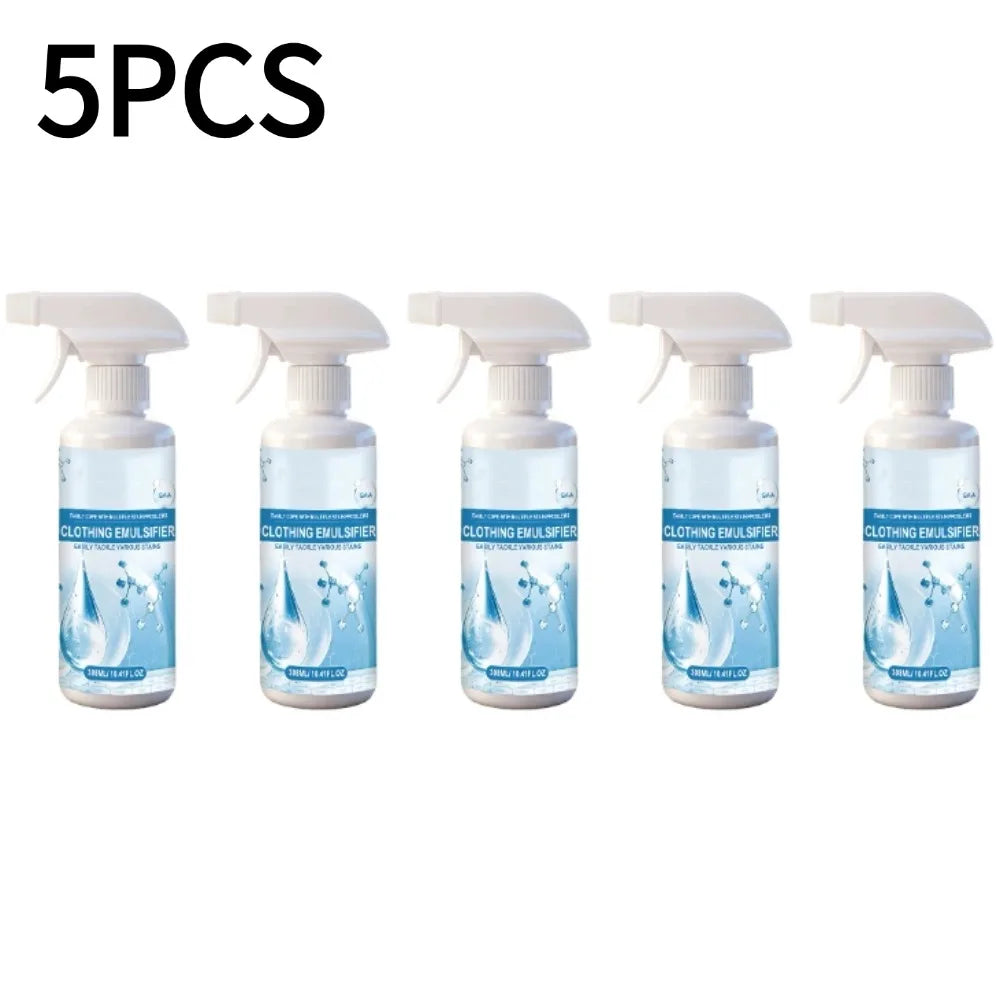 Five bottles of 300ml fast-acting clothing stain remover spray with white pump tops.