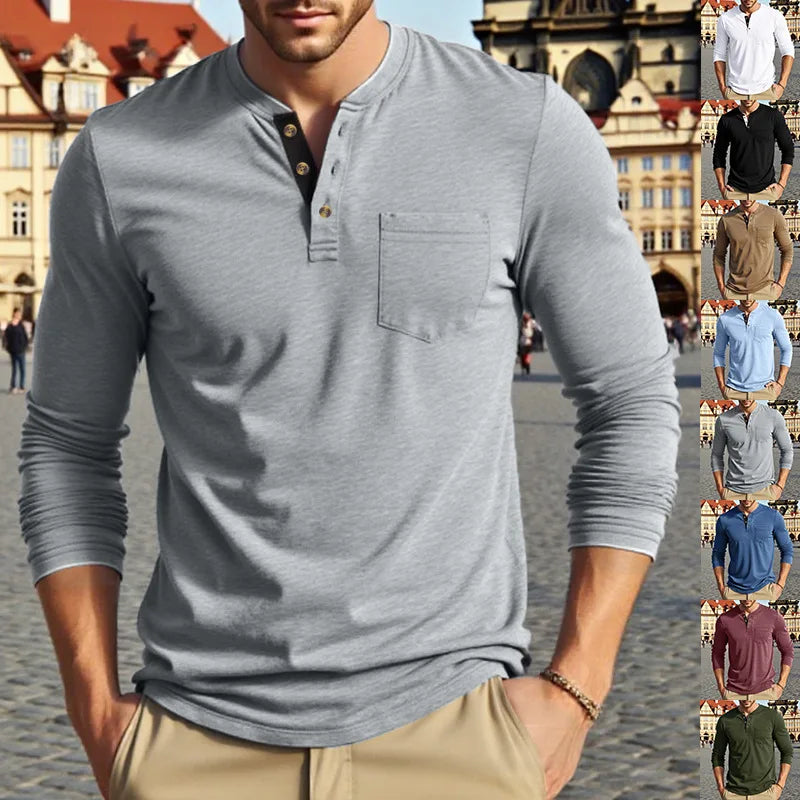 A man models a gray long-sleeve casual shirt with a chest pocket and a V-neck collar.