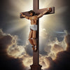 A detailed sculpture of the Passion of Christ on a cross, built from brown and gray building blocks.