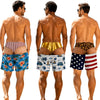 Three men models display the Patriotic American Flag Print Men's Quick-Dry Swim Trunks from the back.