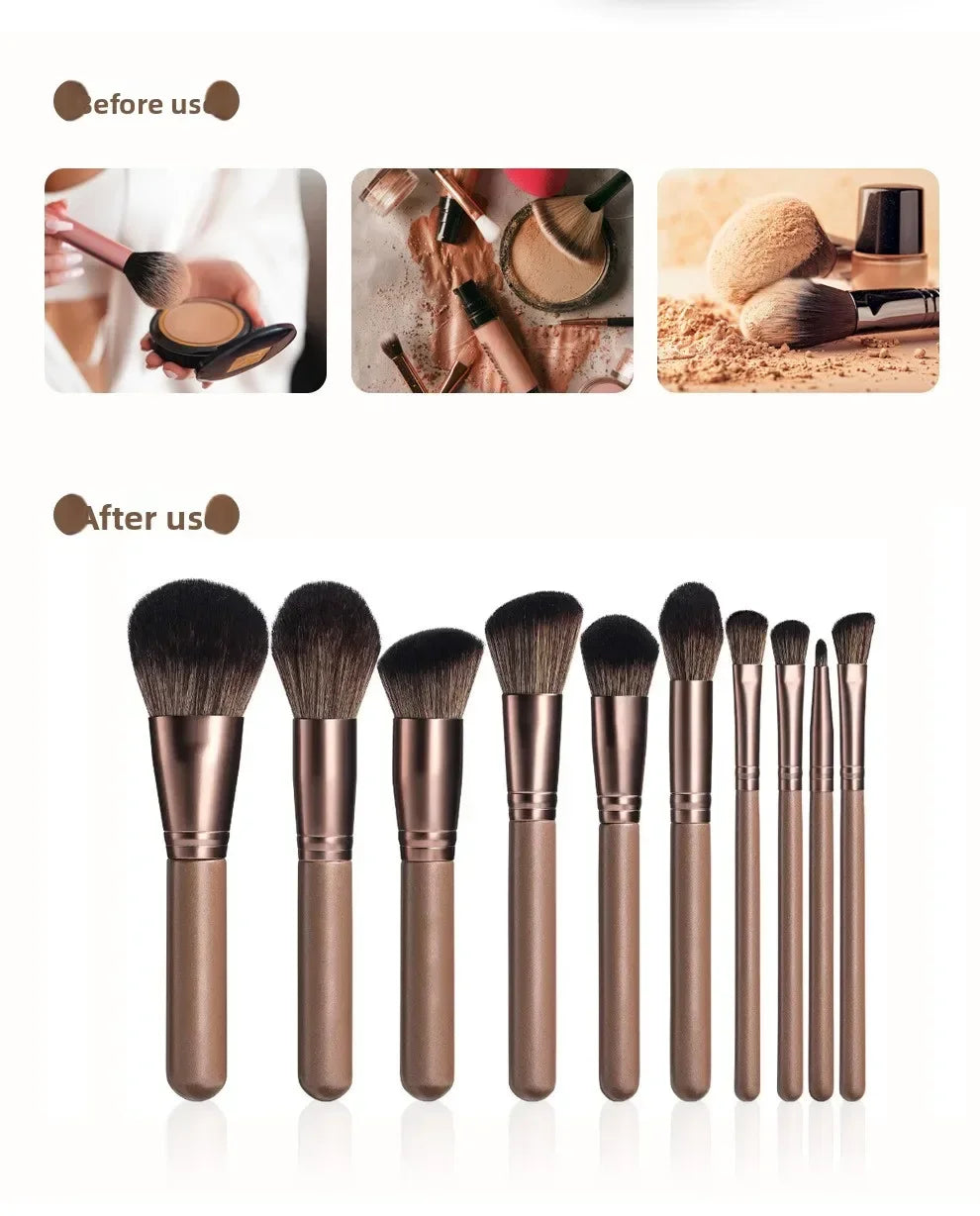 A set of bronze-colored electric makeup brushes and cleaning tools shown before and after use.