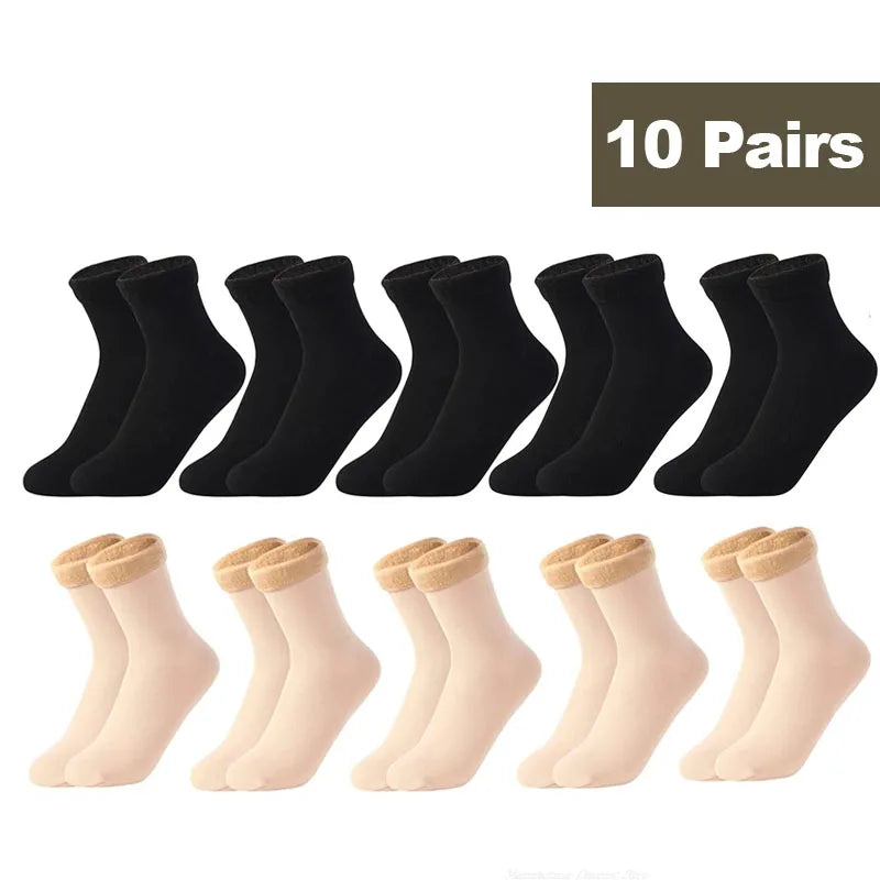 10 par termiske fleeceforede vintersokker for kvinner i svart og beige.