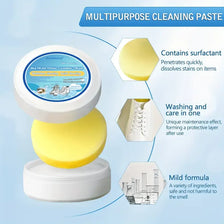 A round white container of multipurpose cleaning paste with a yellow lid and a yellow base, illustrating its uses for cleanin