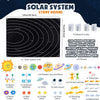 A solar system story board set featuring felt animals, planets, moons, and stars for interactive learning.