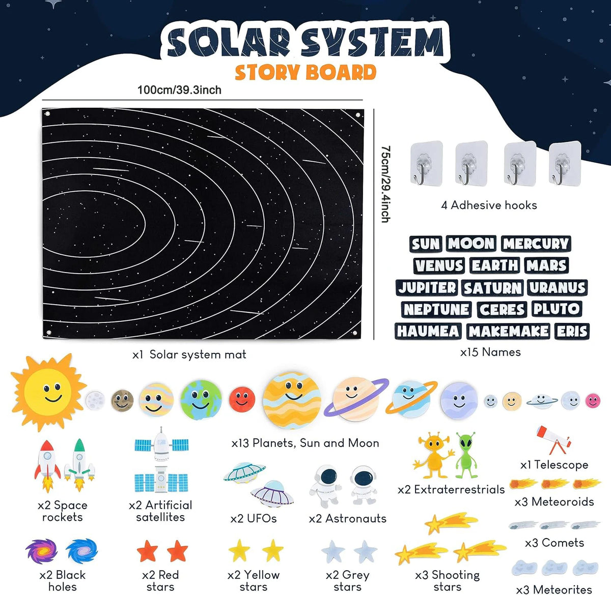 A solar system story board set featuring felt animals, planets, moons, and stars for interactive learning.