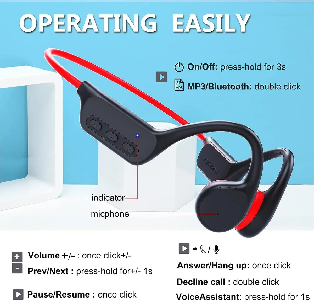 Black bone conduction sports headphones with a red cable and various controls shown on a white surface.