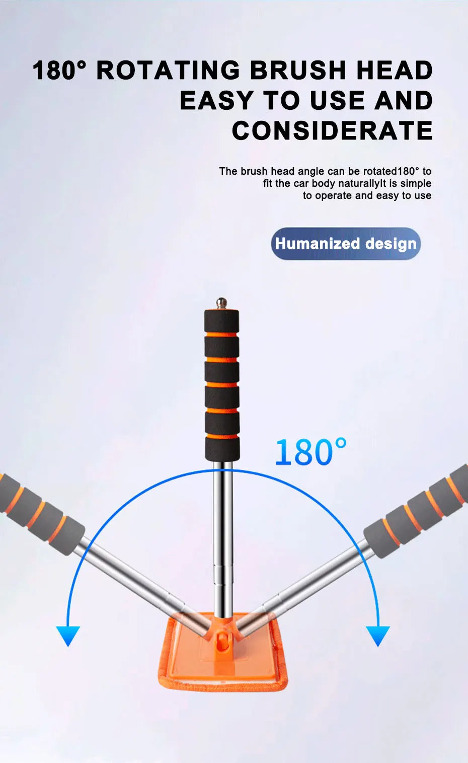 A telescopic windshield cleaning brush with an 180 degree rotating brush head shown in operation.