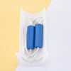 A white tray holds two blue rolled socks with white string for easy application.