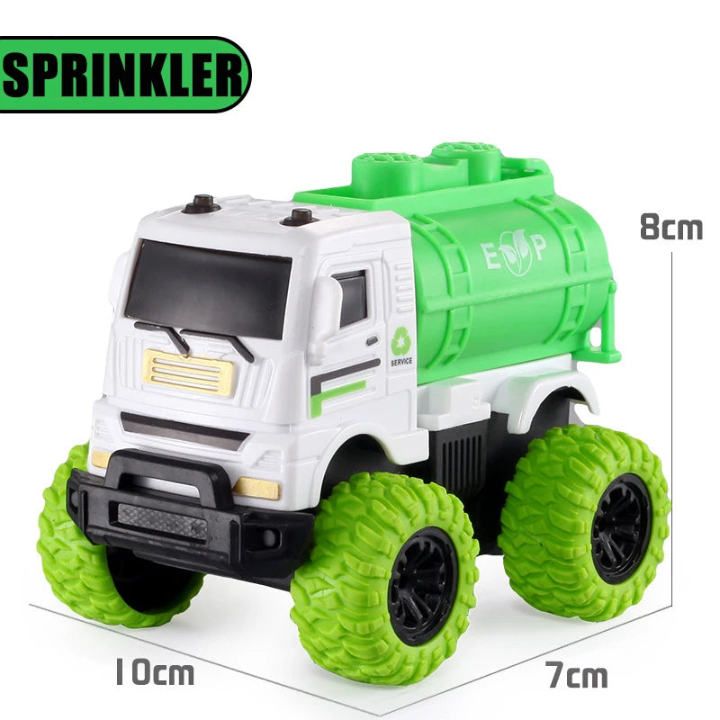 A white and green pull-back stunt SUV toy car with large tires and a green body is shown from the side.