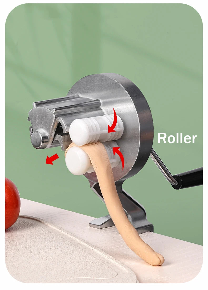 A silver roller machine is shown with a wooden pasta strand being rolled onto a flat surface.
