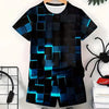 A black and blue geometric patterned boys' casual short sleeve tee and shorts set displayed on a hanger.