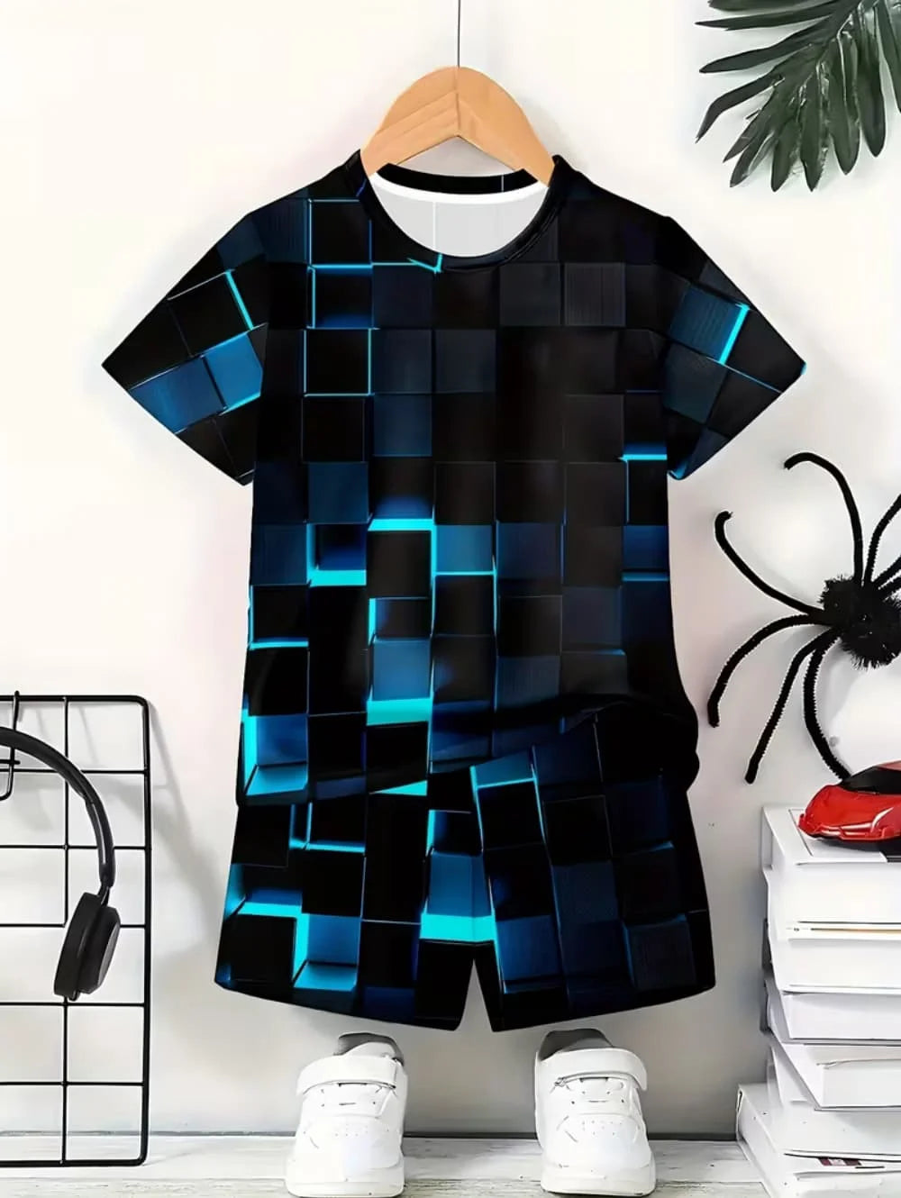 A black and blue geometric patterned boys' casual short sleeve tee and shorts set displayed on a hanger.