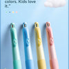 A set of four colorful mechanical pencils in mint green, blue, yellow, and pink against a light blue background.