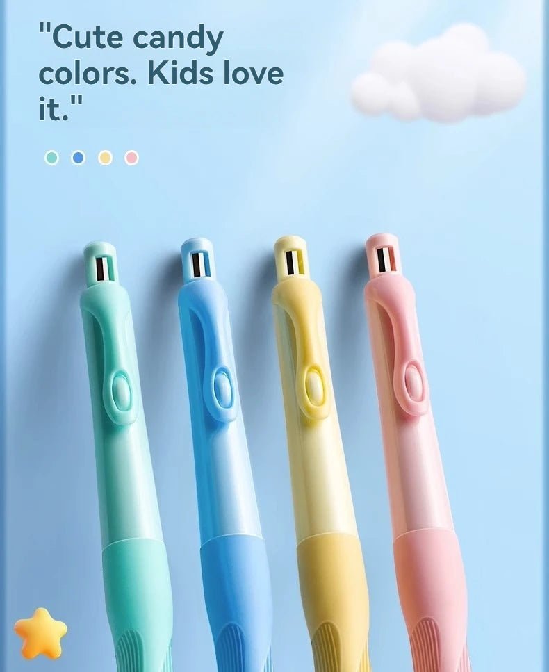 A set of four colorful mechanical pencils in mint green, blue, yellow, and pink against a light blue background.