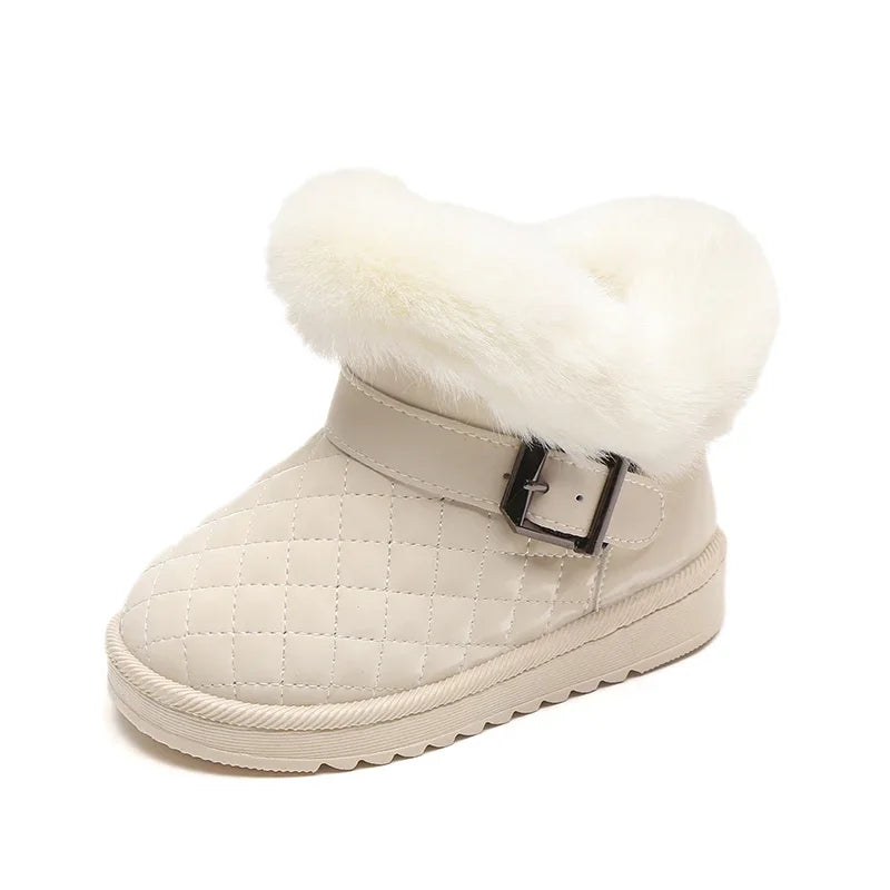 A pair of beige winter snow boots with a fluffy white shearling lining and a buckle detail.