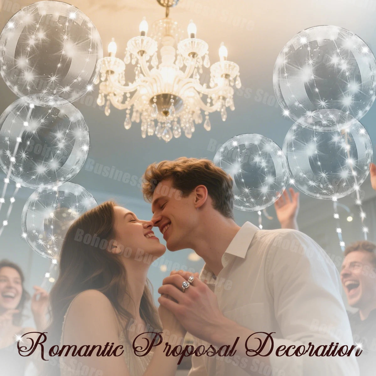 A romantic proposal decoration featuring a couple surrounded by glowing LED light-up balloons.