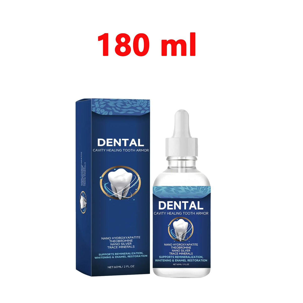 A bottle of Dental Cavity Healing Tooth Armor liquid with a 180 ml volume.