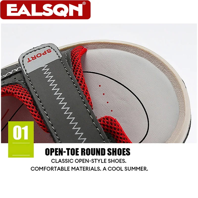 A close-up view of black and red open-toe round shoes with adjustable straps on a white sole.