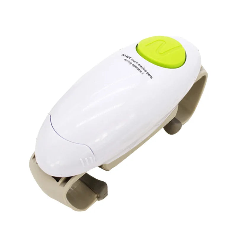 A white automatic electric can and jar opener with a yellow switch, shown from the side.