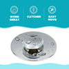 A round, silver drain stopper with multiple openings and a decorative embossed pattern.