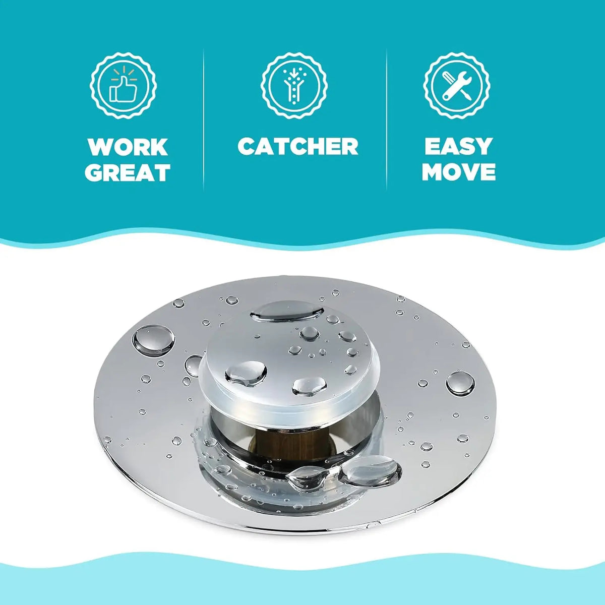 A round, silver drain stopper with multiple openings and a decorative embossed pattern.