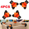 Four orange right-angle clamps are shown, including individual pieces and in use on a wooden project.