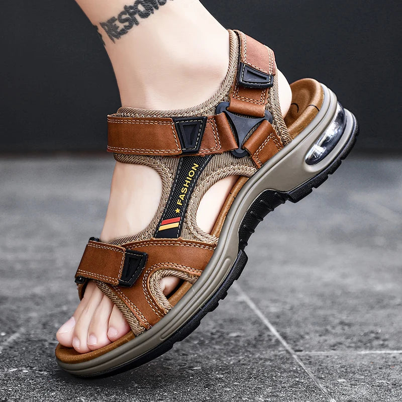 A close-up of a brown leather air cushion sandal worn on a foot, featuring black accents and stitching.