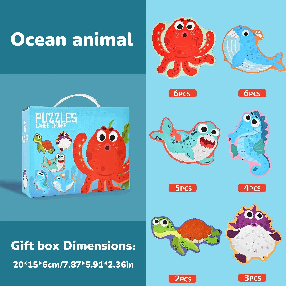A set of ocean animal puzzles featuring colorful plastic figures and wooden puzzle pieces.