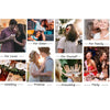Un collage de seis fotos que muestran diferentes relaciones y eventos como hermana, familia, amante, tú mismo, amistad, boda