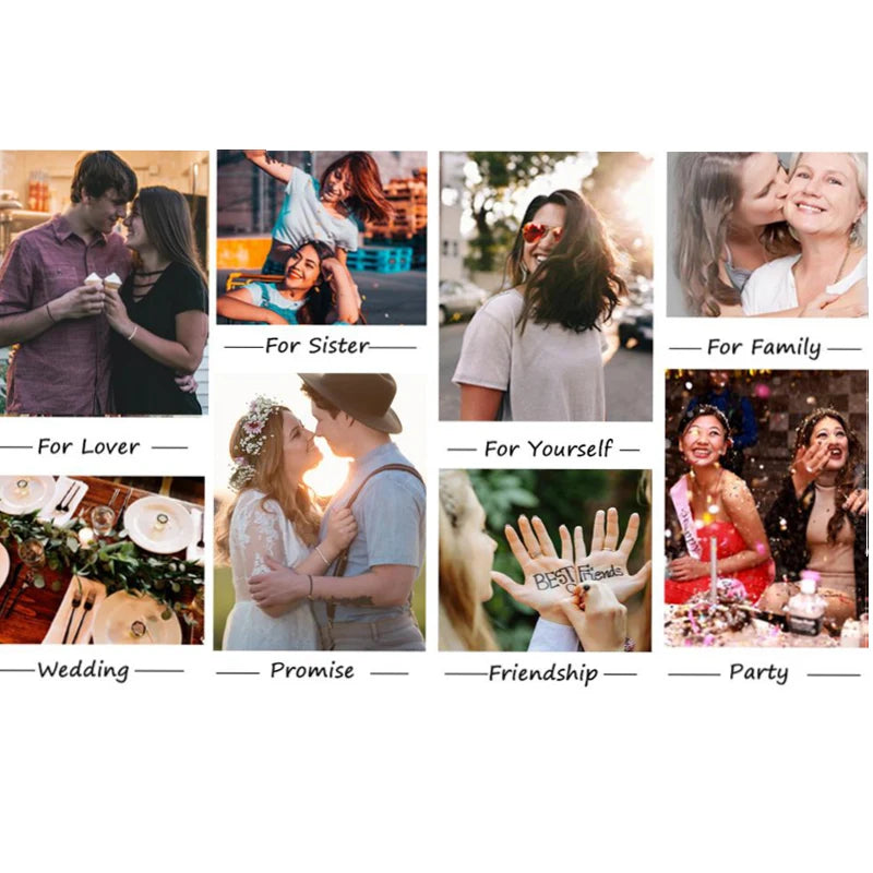 Un collage de seis fotos que muestran diferentes relaciones y eventos como hermana, familia, amante, tú mismo, amistad, boda