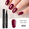 A hand displays a manicure using a deep burgundy gel pen polish, with the product shown next to the finished nails.