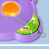 A purple pull string battle spinning top toy with a glowing orange top and a green spinning disc.