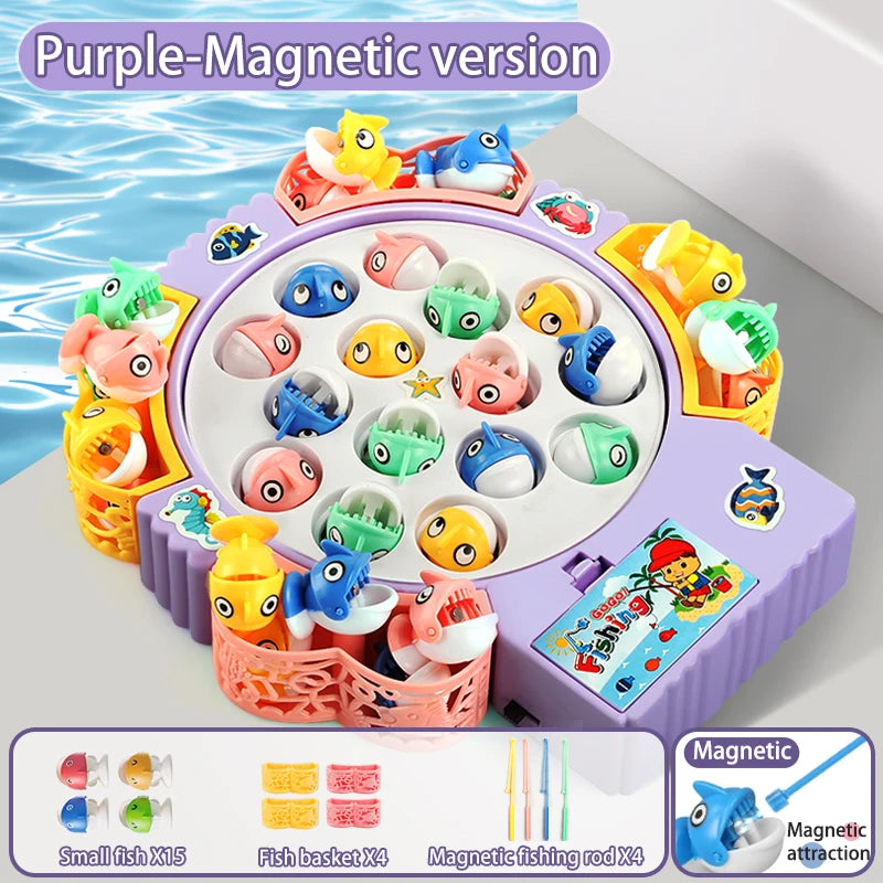 Lilla magnetisk versjon av et roterende musikalsk fiskelek med ulike fisker og tilbehør.