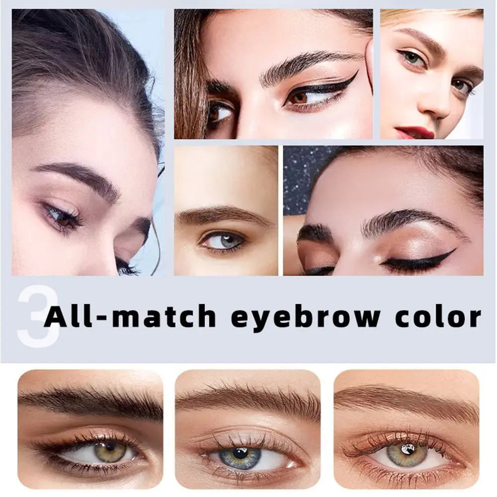 A set of eyebrow and eyelash tinting products showing various shades and application angles.
